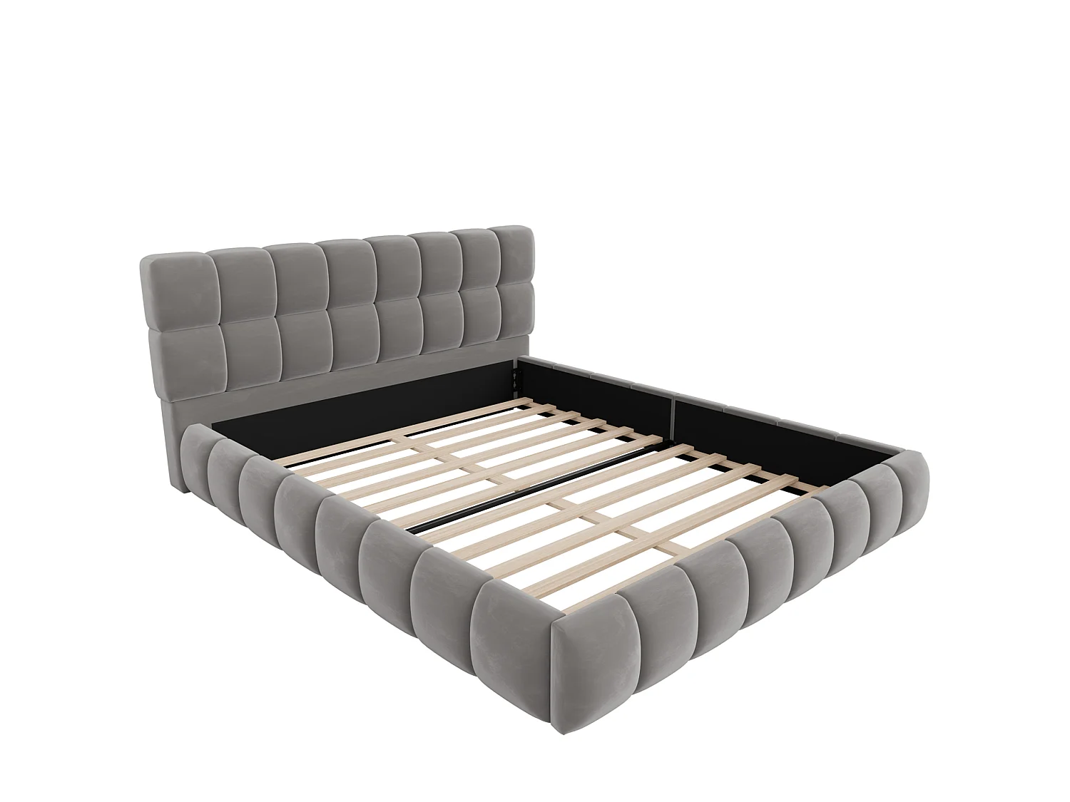 Lit adulte 140 x 200 cm avec tête de lit capitonnée à carreaux – Velours gris
