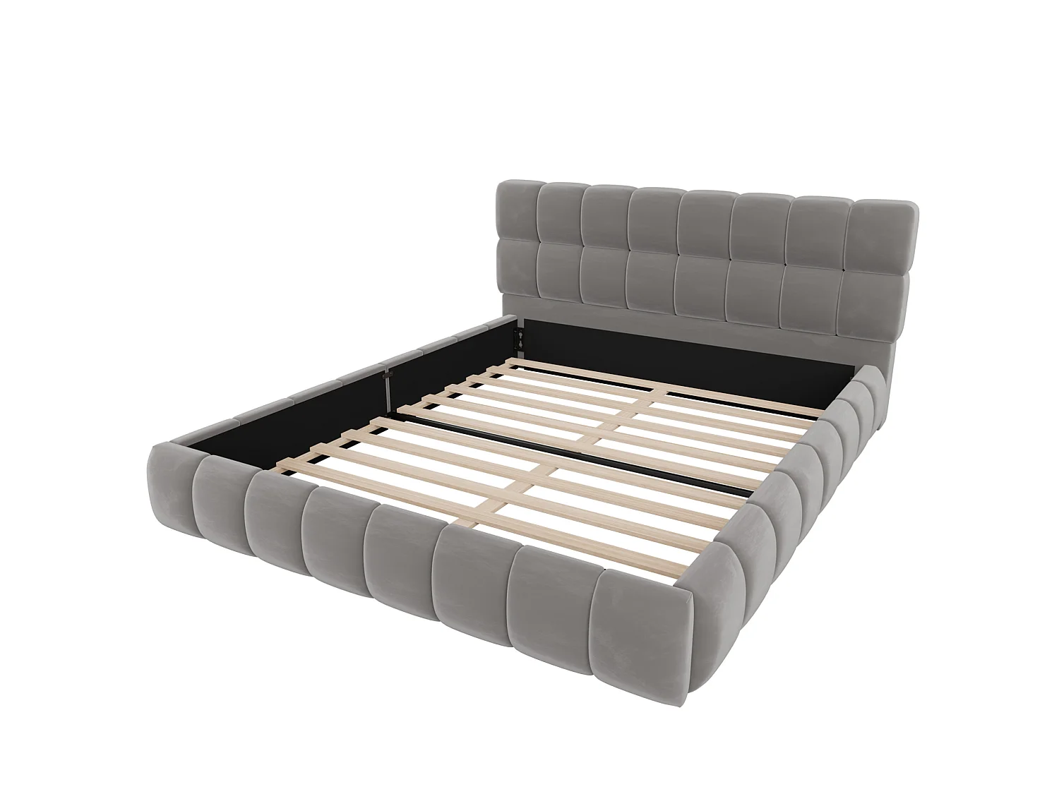 Lit adulte 140 x 200 cm avec tête de lit capitonnée à carreaux – Velours gris