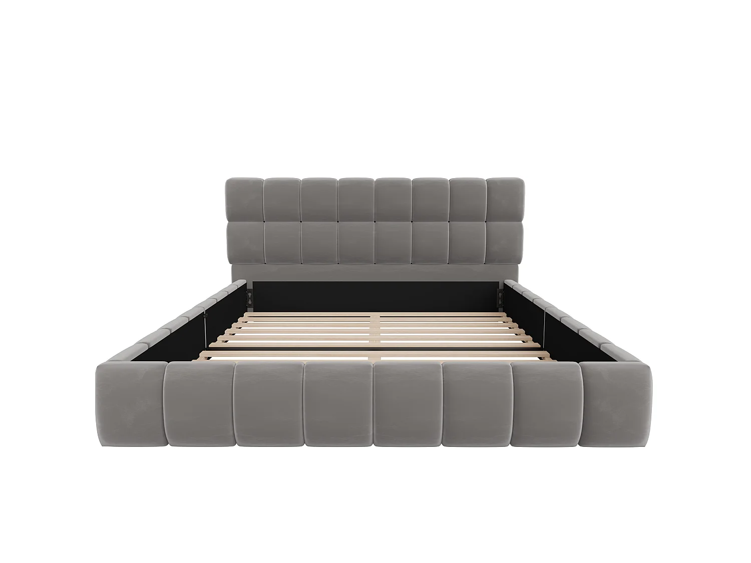 Lit adulte 140 x 200 cm avec tête de lit capitonnée à carreaux – Velours gris
