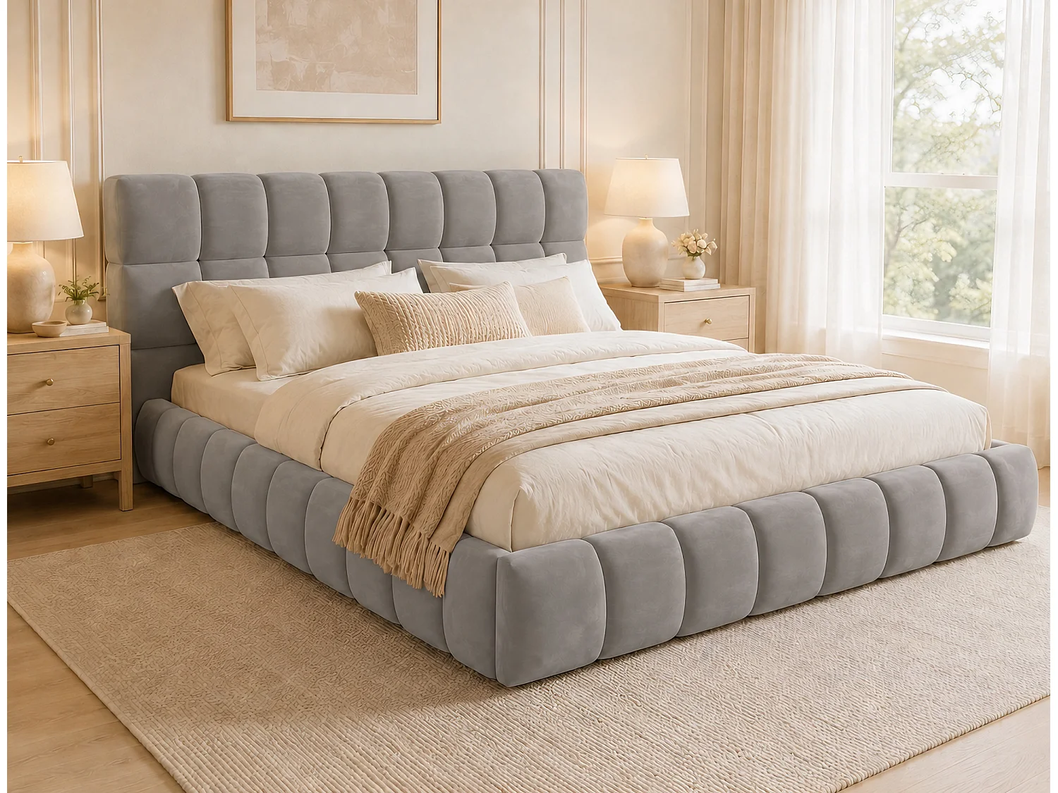 Lit adulte 140 x 200 cm avec tête de lit capitonnée à carreaux – Velours gris