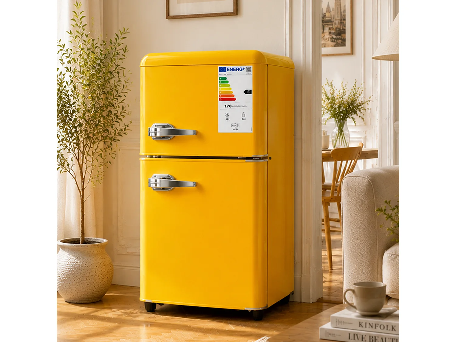 Frigorifero da 86 litri con termostato regolabile a 7 livelli - Classe energetica E - Giallo