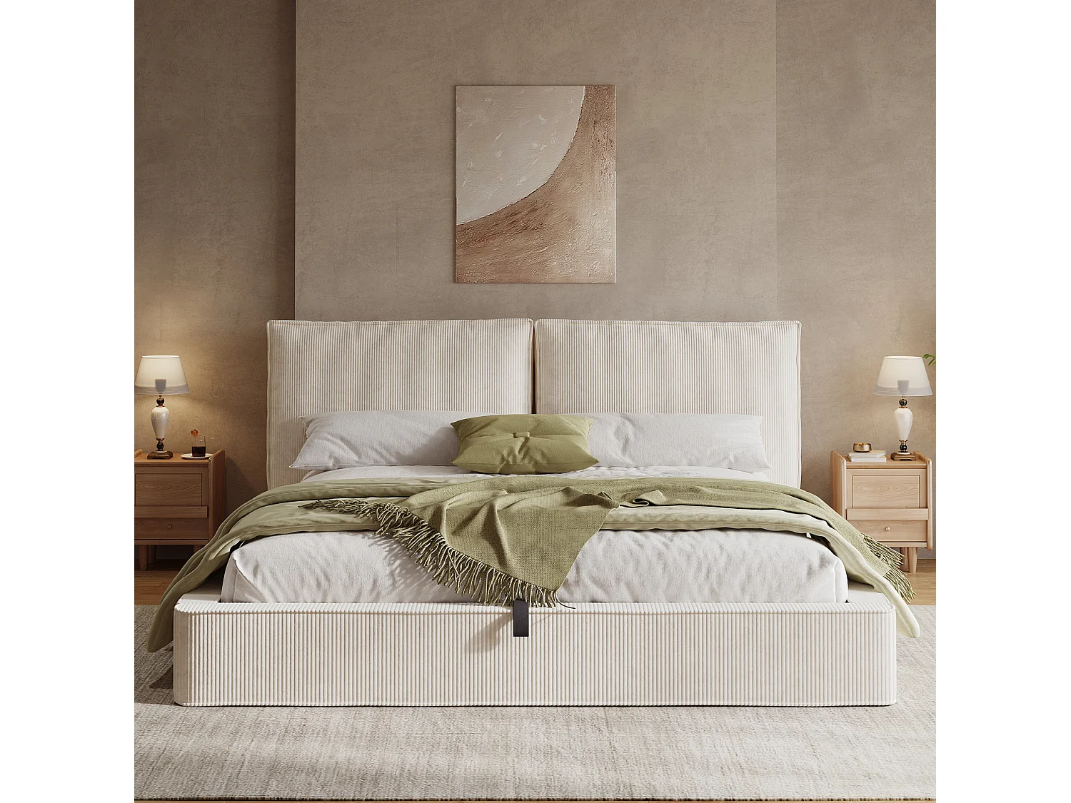 Lit coffre double 180 x 200 cm avec tête de lit capitonnée - Lit adulte en velours côtelé beige