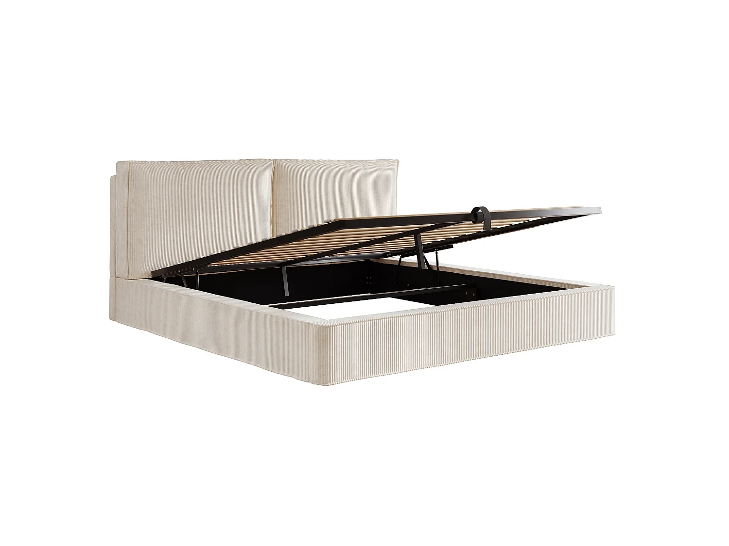 Lit coffre double 180 x 200 cm avec tête de lit capitonnée - Lit adulte en velours côtelé beige