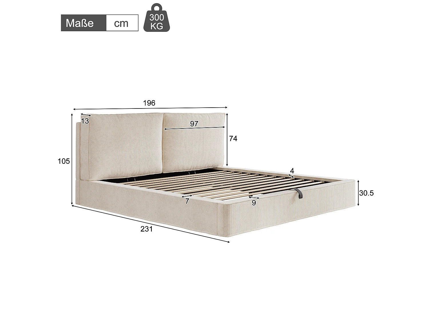 Lit coffre double 180 x 200 cm avec tête de lit capitonnée - Lit adulte en velours côtelé beige
