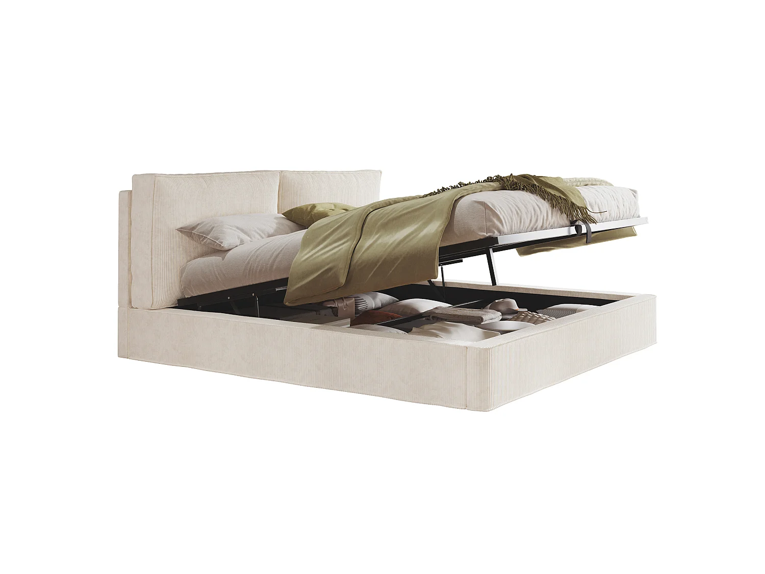 Lit coffre double 180 x 200 cm avec tête de lit capitonnée - Lit adulte en velours côtelé beige