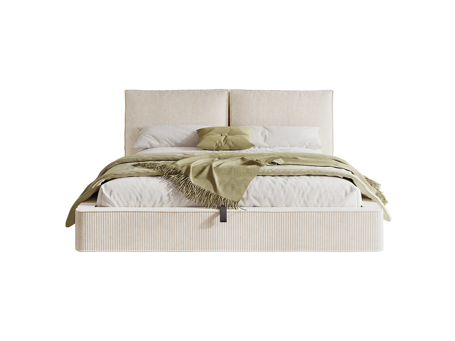 Lit coffre double 180 x 200 cm avec tête de lit capitonnée - Lit adulte en velours côtelé beige