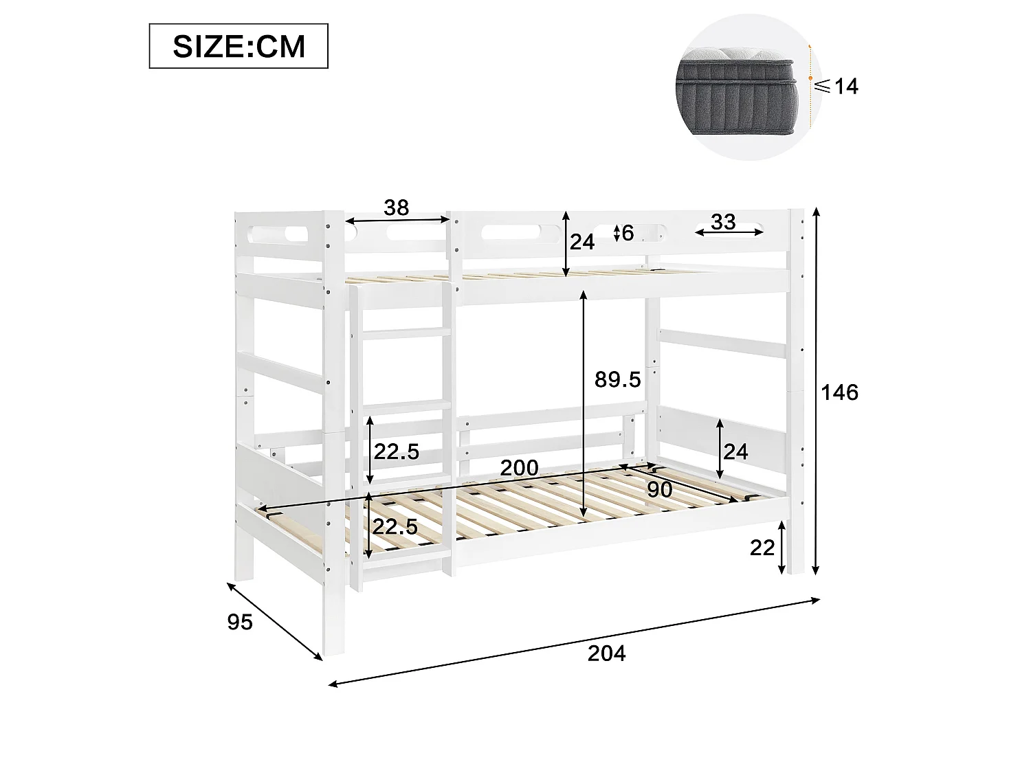 Lit superposé enfant 90 x 200 cm blanc avec échelle - Bois en pin et MDF