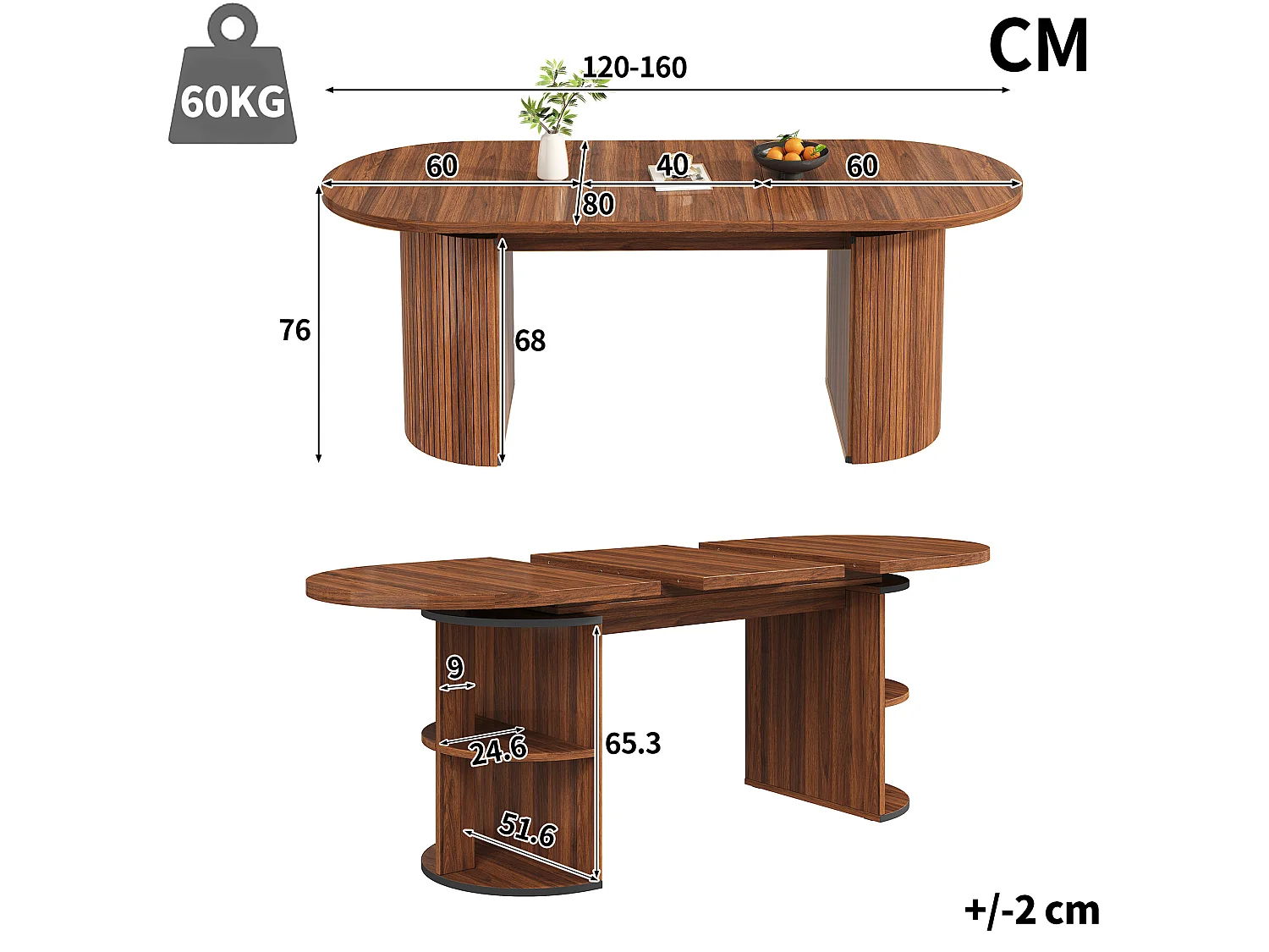 Table à manger extensible 80x120-160 cm avec rangement caché - Marron foncé