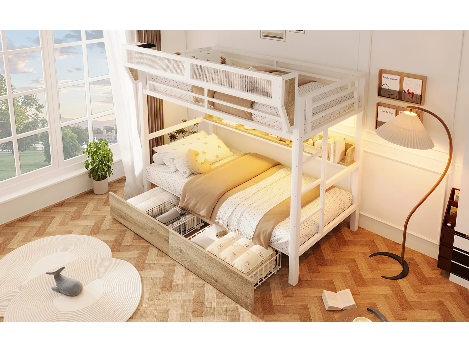 Lit superposé enfant 90 x 200 cm en métal avec 2 tiroirs , LED et étagère - Blanc