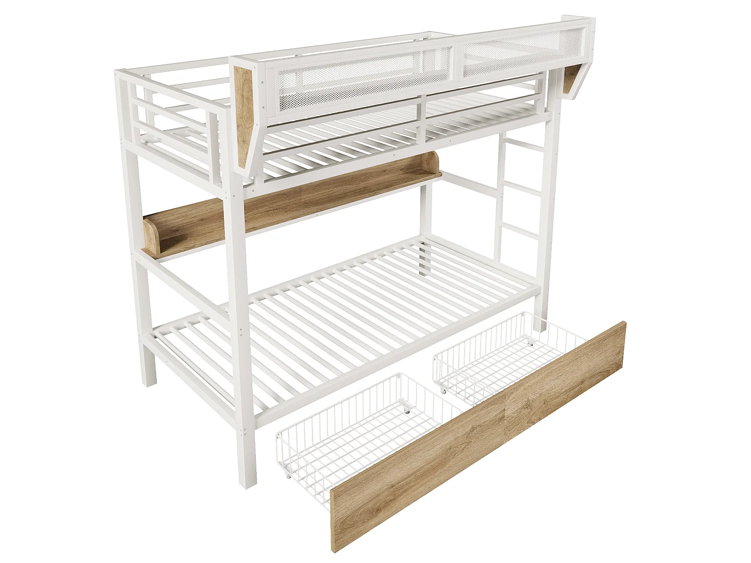 Lit superposé enfant 90 x 200 cm en métal avec 2 tiroirs , LED et étagère - Blanc