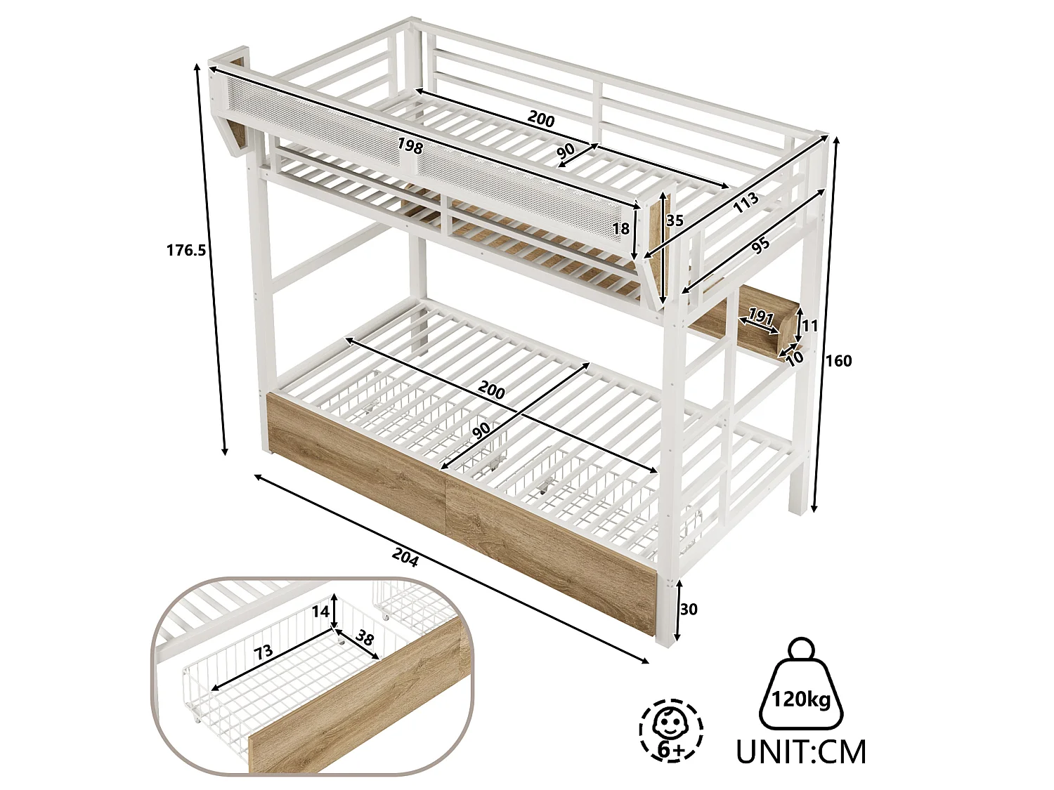Lit superposé enfant 90 x 200 cm en métal avec 2 tiroirs , LED et étagère - Blanc