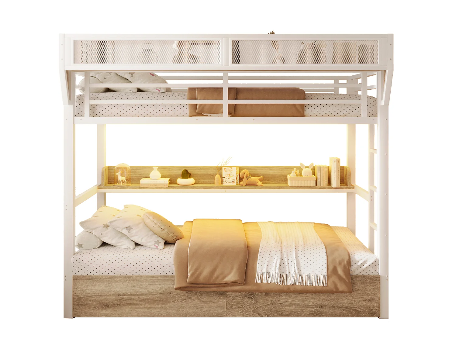 Lit superposé enfant 90 x 200 cm en métal avec 2 tiroirs , LED et étagère - Blanc