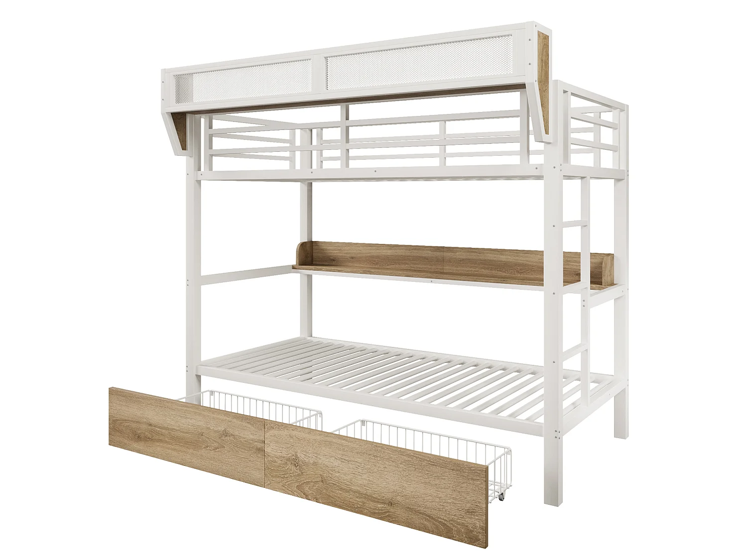 Lit superposé enfant 90 x 200 cm en métal avec 2 tiroirs , LED et étagère - Blanc