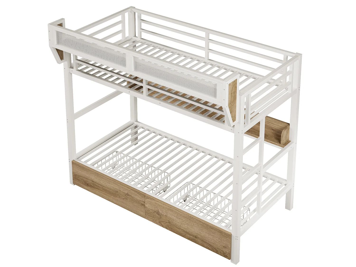 Lit superposé enfant 90 x 200 cm en métal avec 2 tiroirs , LED et étagère - Blanc