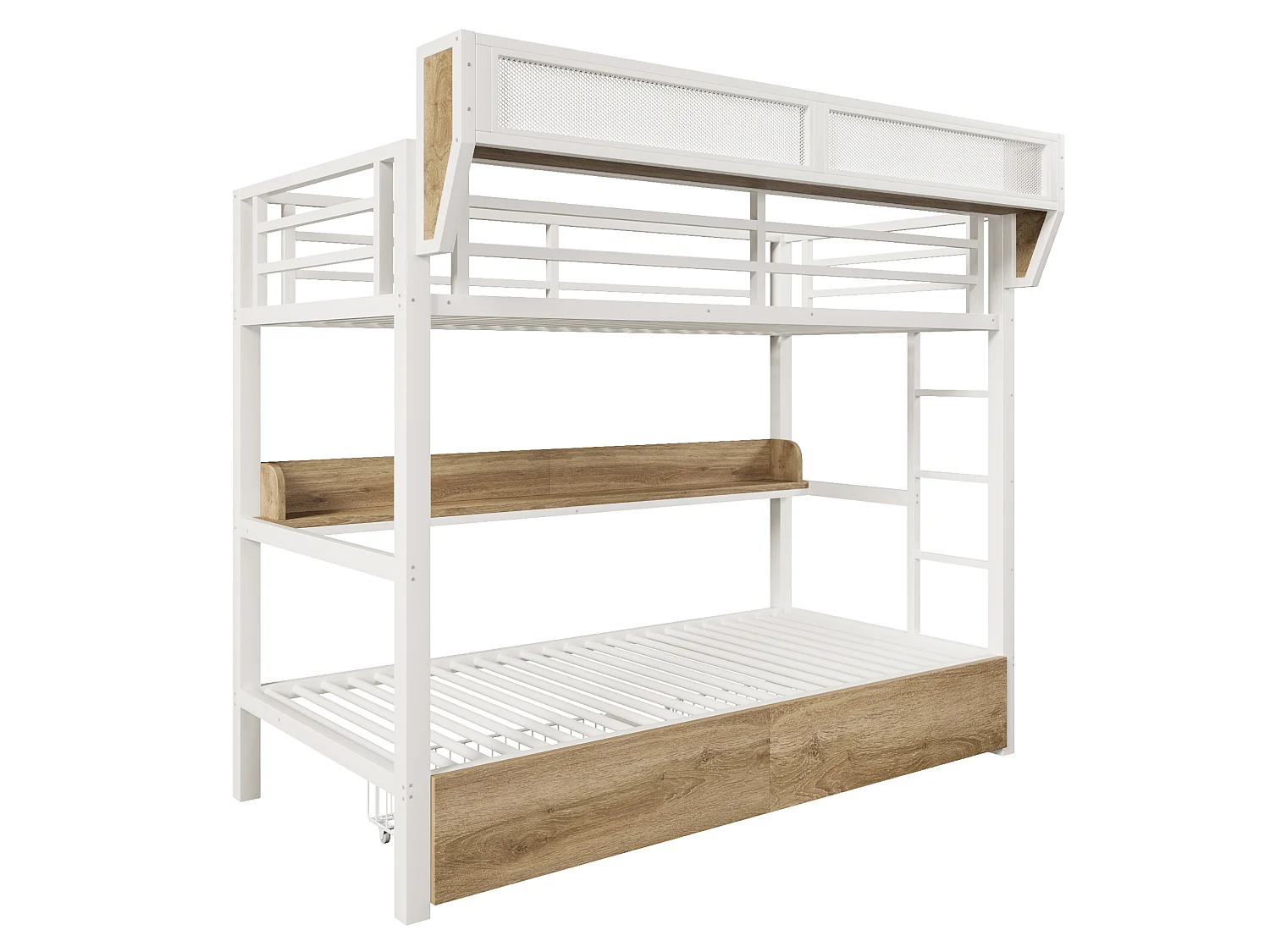 Lit superposé enfant 90 x 200 cm en métal avec 2 tiroirs , LED et étagère - Blanc