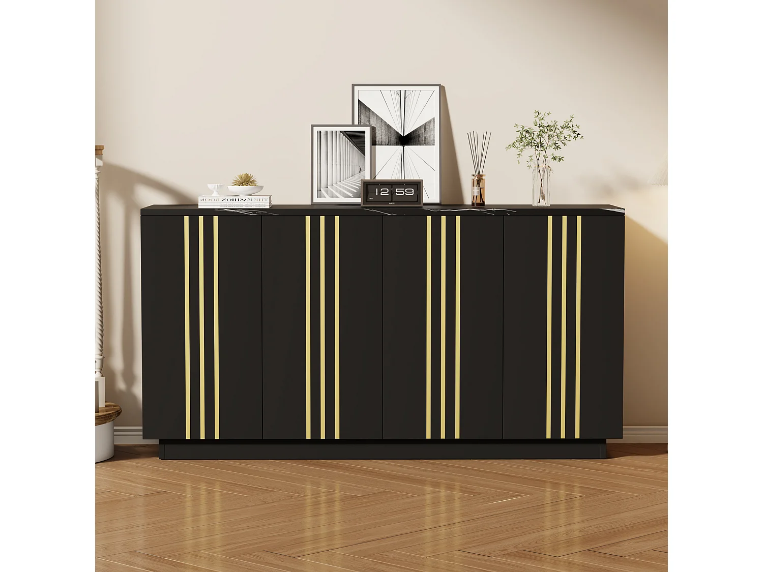 Buffet à 4 portes 140 x 35 x 70 cm - Design orné de lignes dorées - Noir et or