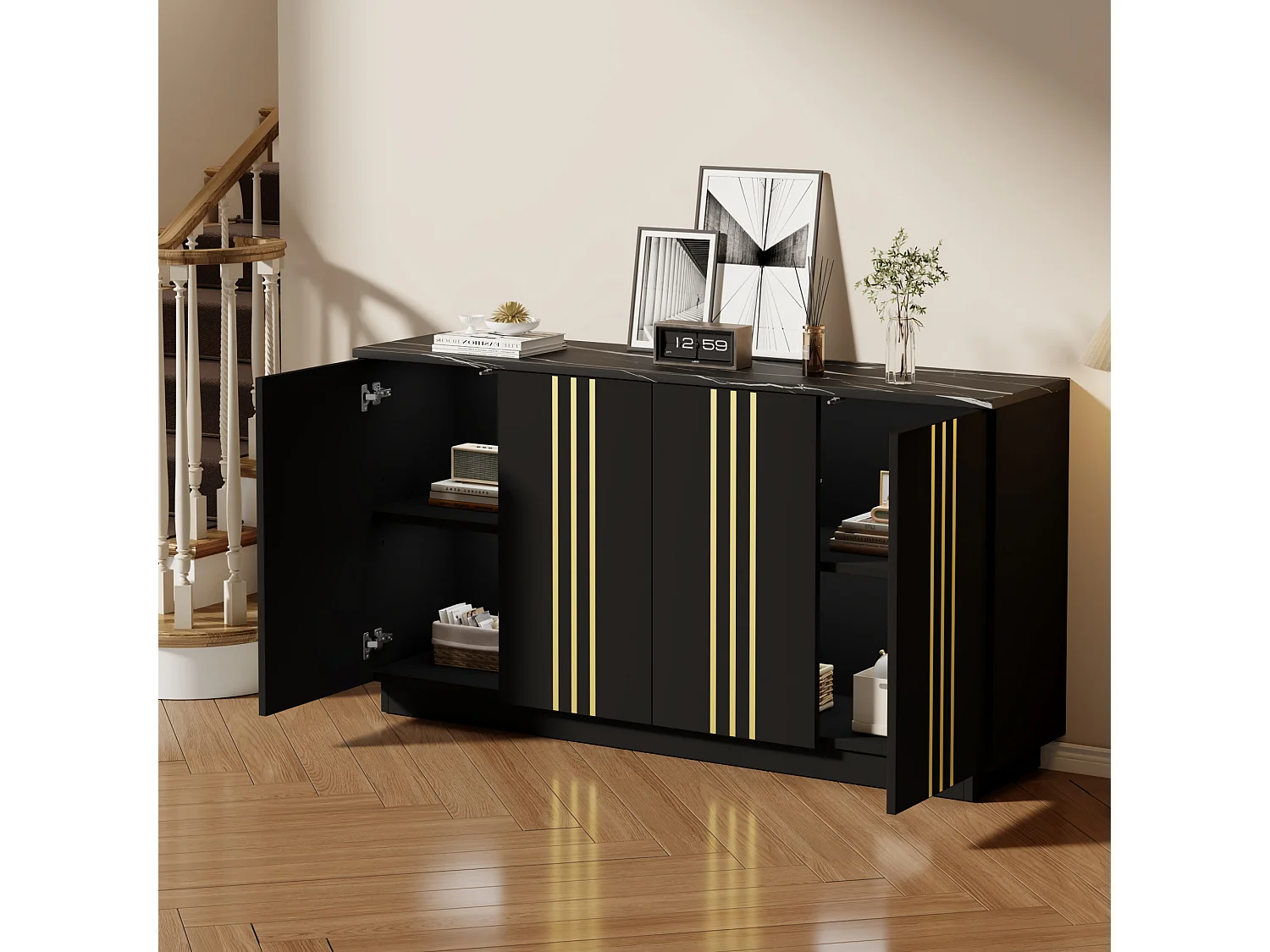 Buffet à 4 portes 140 x 35 x 70 cm - Design orné de lignes dorées - Noir et or