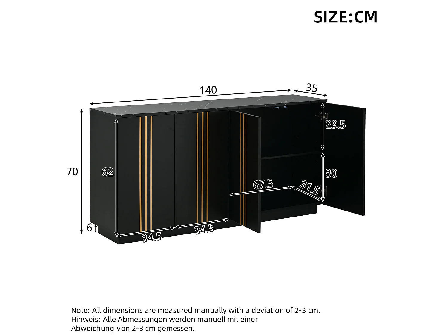 Buffet à 4 portes 140 x 35 x 70 cm - Design orné de lignes dorées - Noir et or