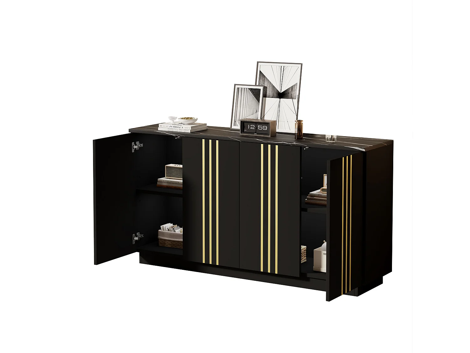 Buffet à 4 portes 140 x 35 x 70 cm - Design orné de lignes dorées - Noir et or