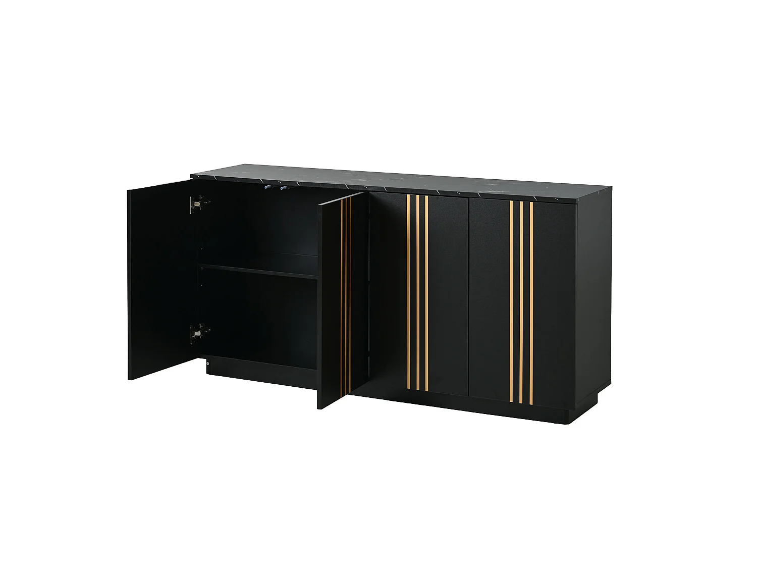 Buffet à 4 portes 140 x 35 x 70 cm - Design orné de lignes dorées - Noir et or