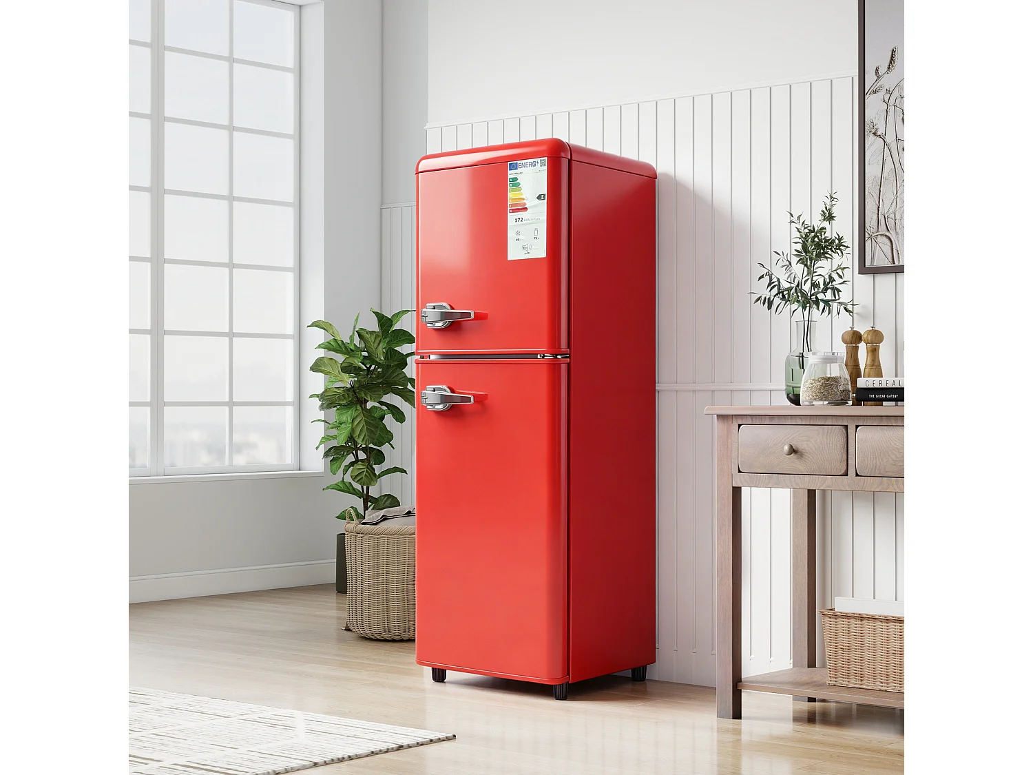 Frigorifero a 2 porte, capacità 112 litri - scomparto congelatore 40 litri e termostato regolabile a 7 livelli - Rosso