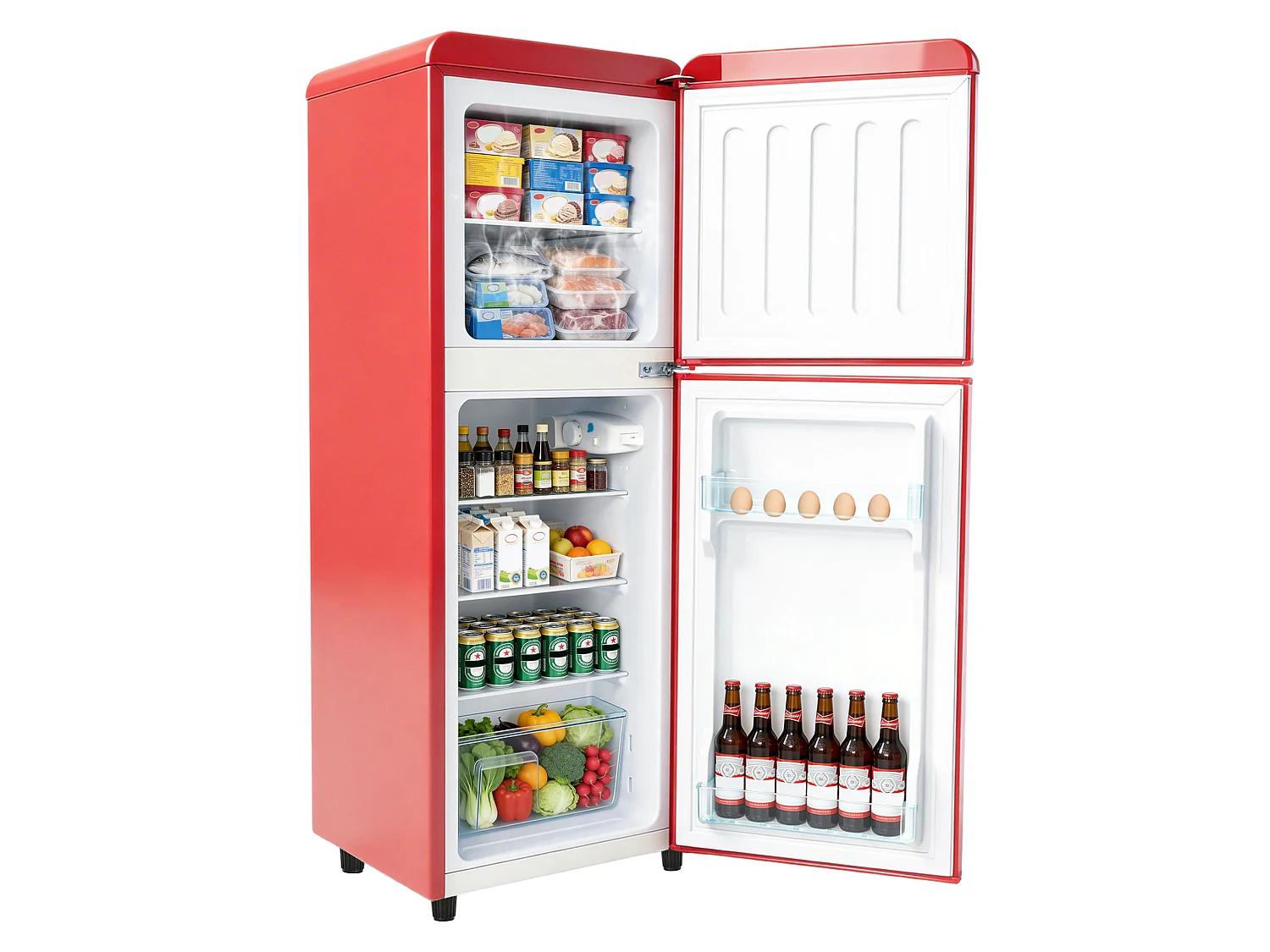 Frigorifero a 2 porte, capacità 112 litri - scomparto congelatore 40 litri e termostato regolabile a 7 livelli - Rosso