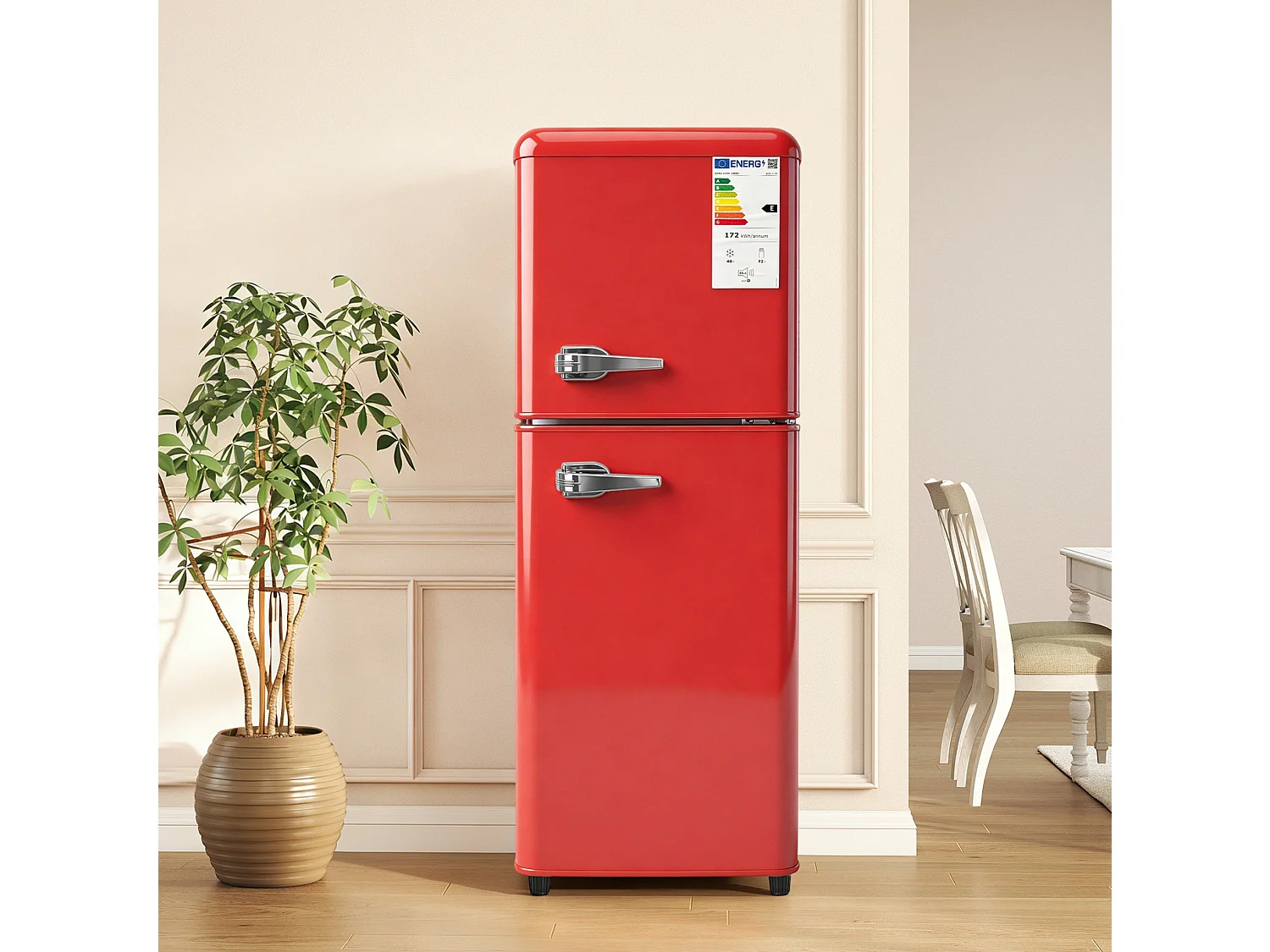 Frigorifero a 2 porte, capacità 112 litri - scomparto congelatore 40 litri e termostato regolabile a 7 livelli - Rosso