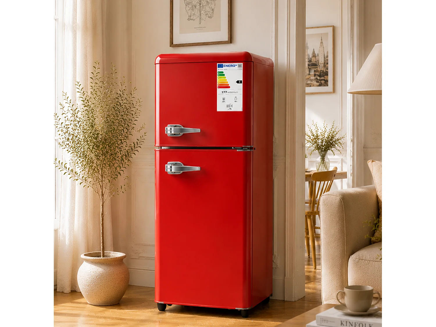 Frigorifero a 2 porte, capacità 112 litri - scomparto congelatore 40 litri e termostato regolabile a 7 livelli - Rosso