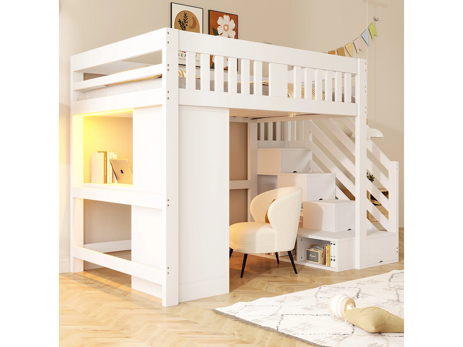 Lit mezzanine en bois 140 × 200 cm avec bureau , prise et armoire - Lit enfant blanc