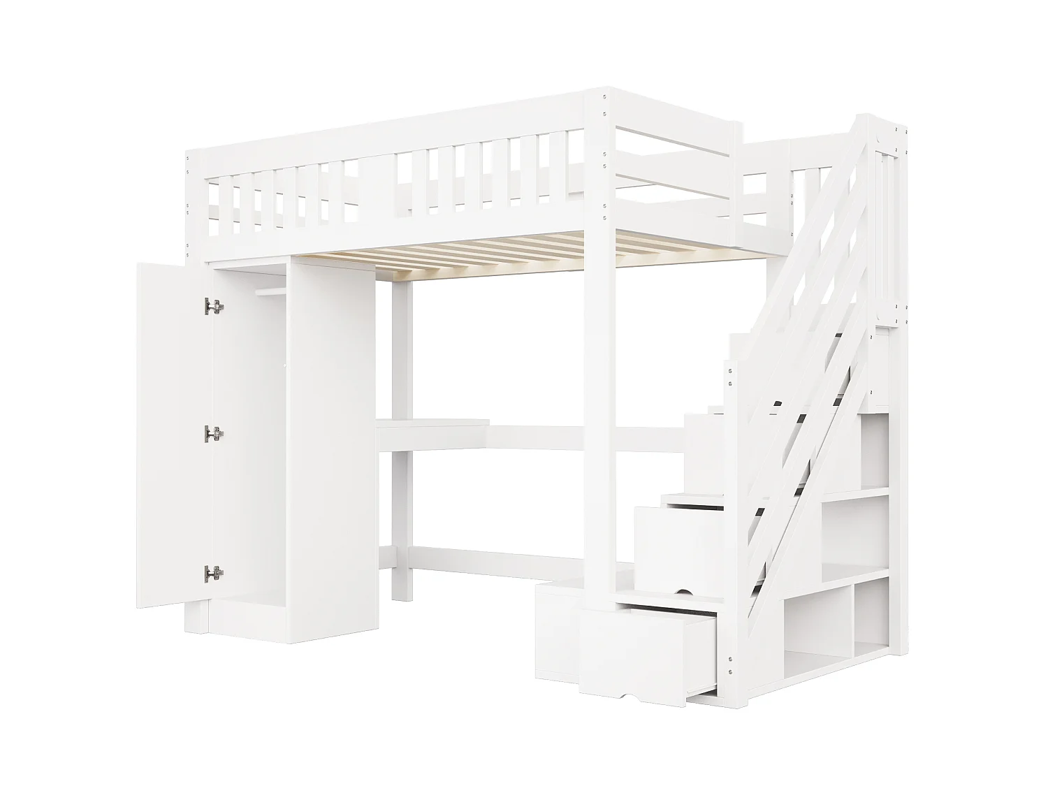 Lit mezzanine en bois 140 × 200 cm avec bureau , prise et armoire - Lit enfant blanc