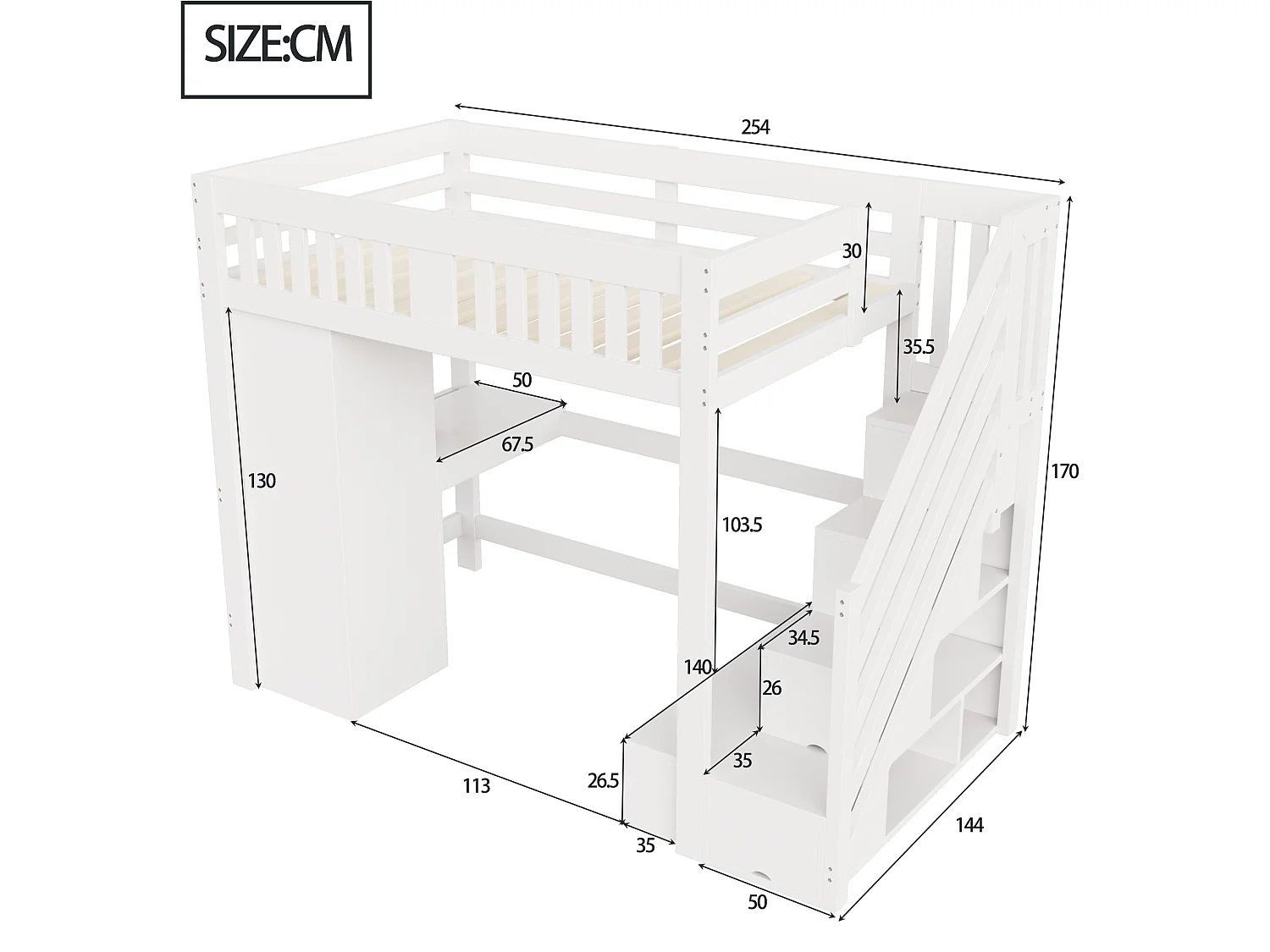 Lit mezzanine en bois 140 × 200 cm avec bureau , prise et armoire - Lit enfant blanc