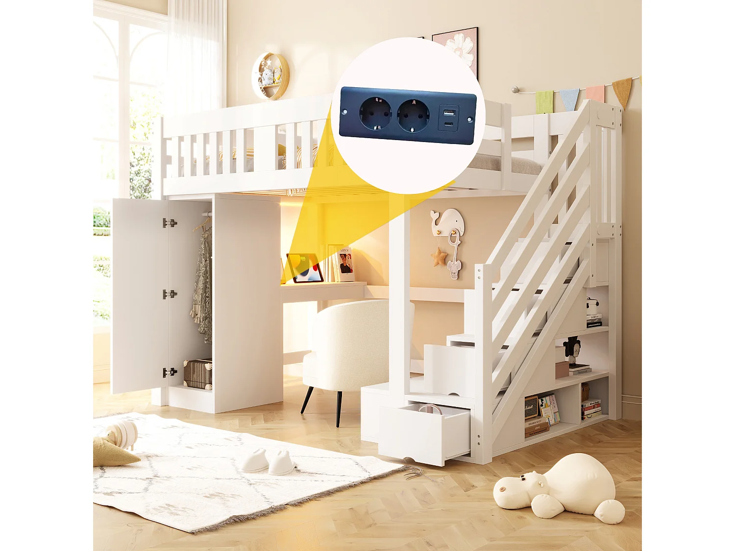 Lit mezzanine en bois 140 × 200 cm avec bureau , prise et armoire - Lit enfant blanc