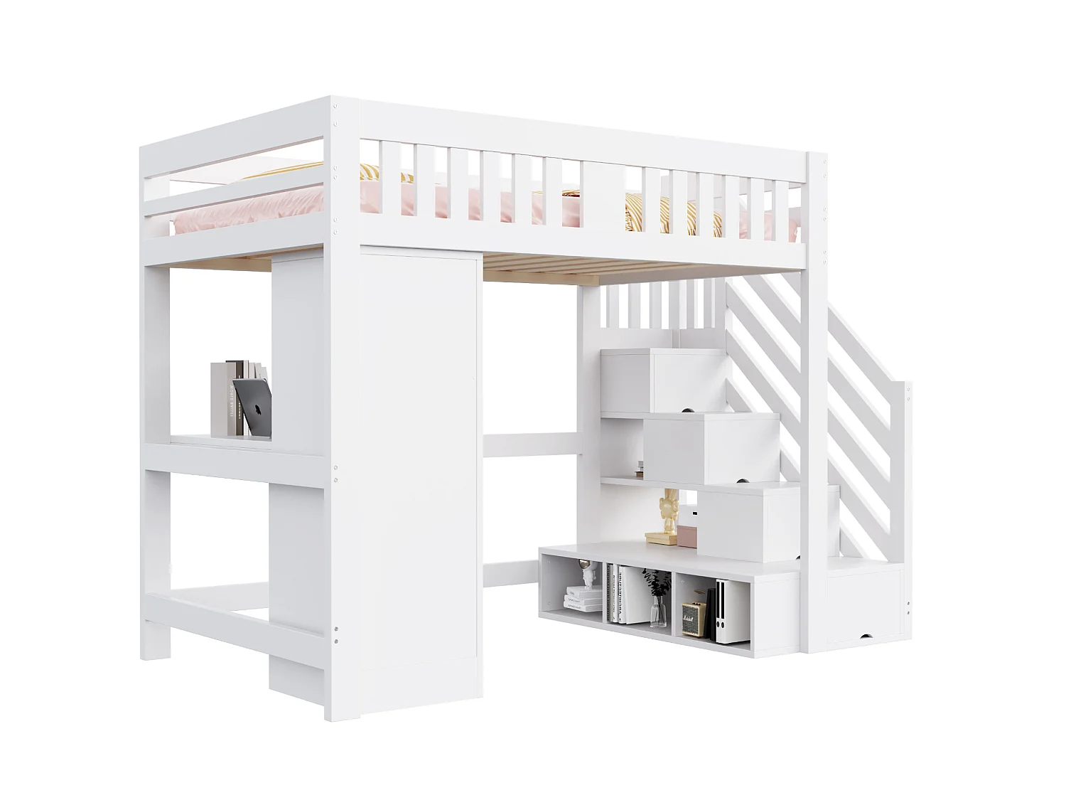 Lit mezzanine en bois 140 × 200 cm avec bureau , prise et armoire - Lit enfant blanc
