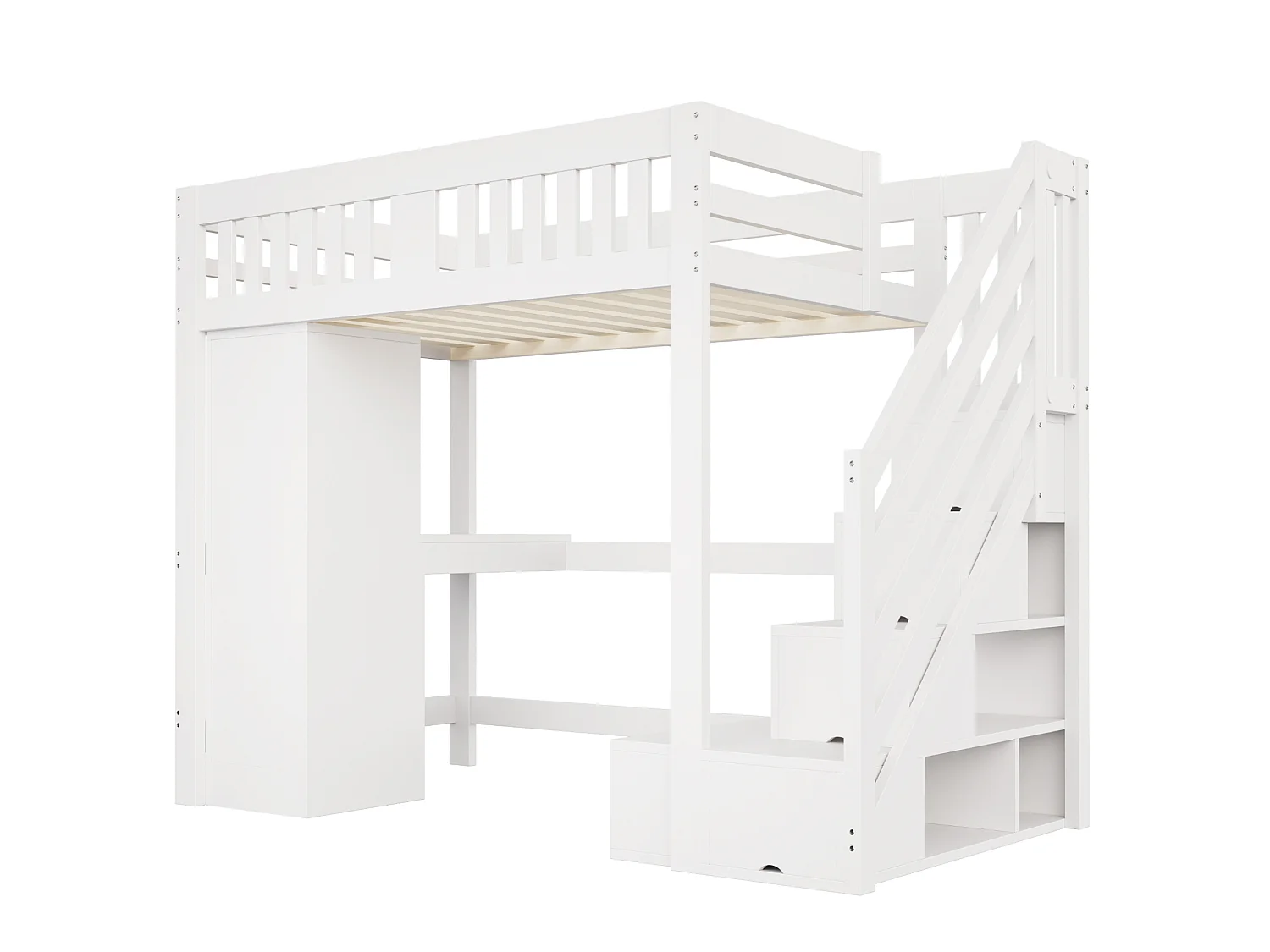 Lit mezzanine en bois 140 × 200 cm avec bureau , prise et armoire - Lit enfant blanc