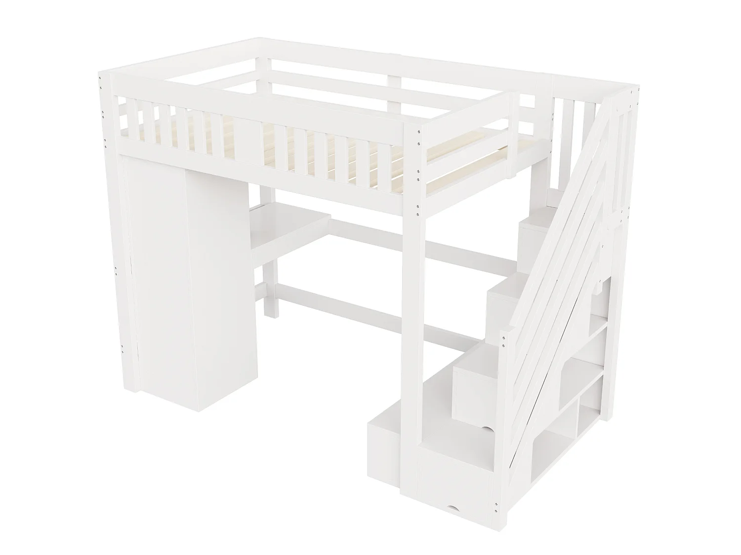 Lit mezzanine en bois 140 × 200 cm avec bureau , prise et armoire - Lit enfant blanc