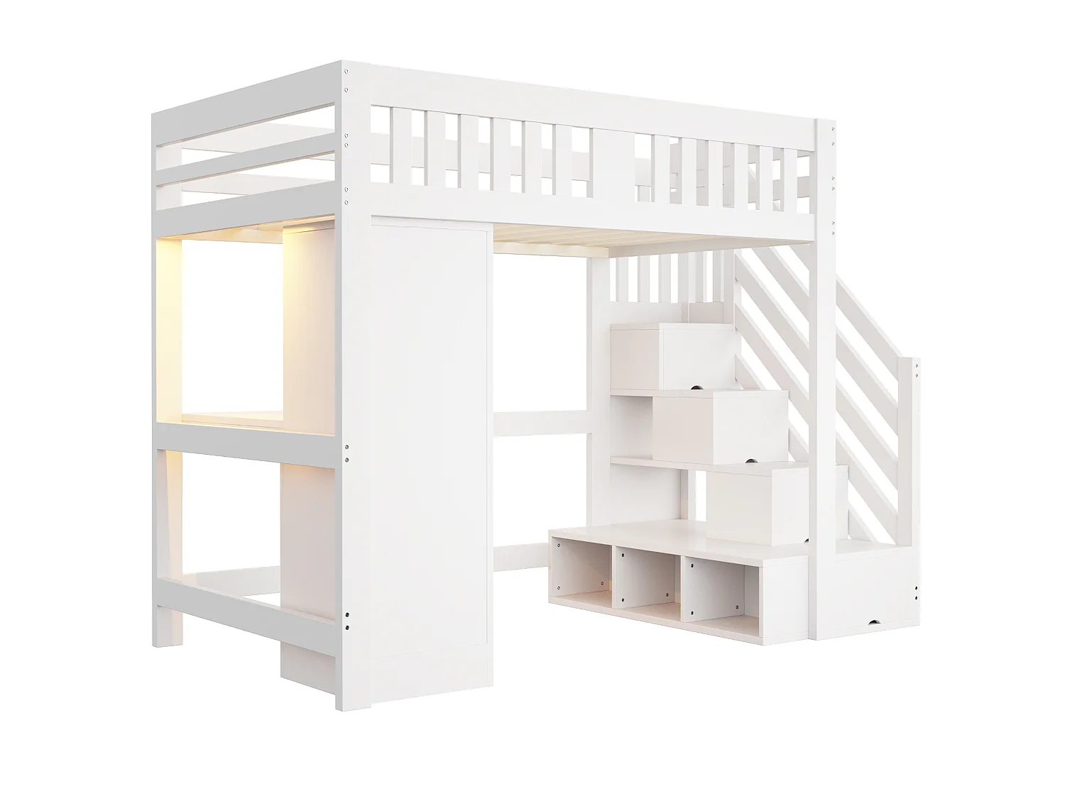 Lit mezzanine en bois 140 × 200 cm avec bureau , prise et armoire - Lit enfant blanc