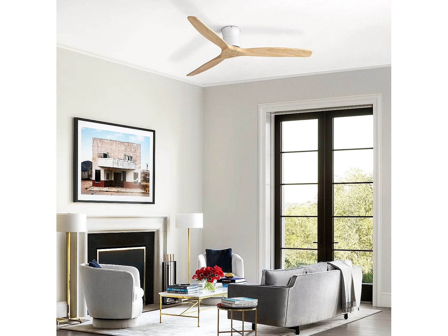 Ventilateur de plafond sans éclairage - 3 pales en bois , minuterie et 6 vitesses - Naturel clair