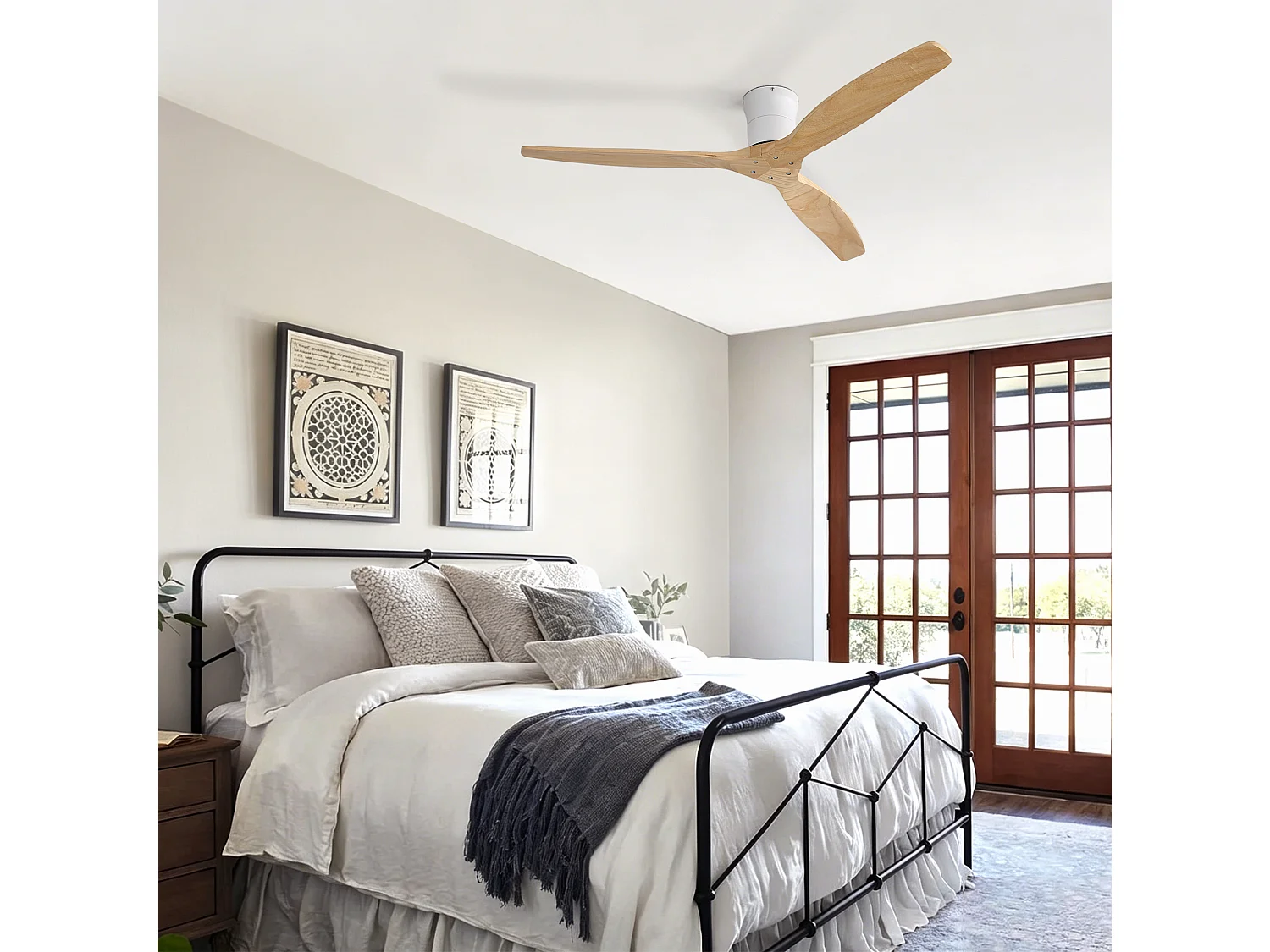 Ventilateur de plafond sans éclairage - 3 pales en bois , minuterie et 6 vitesses - Naturel clair