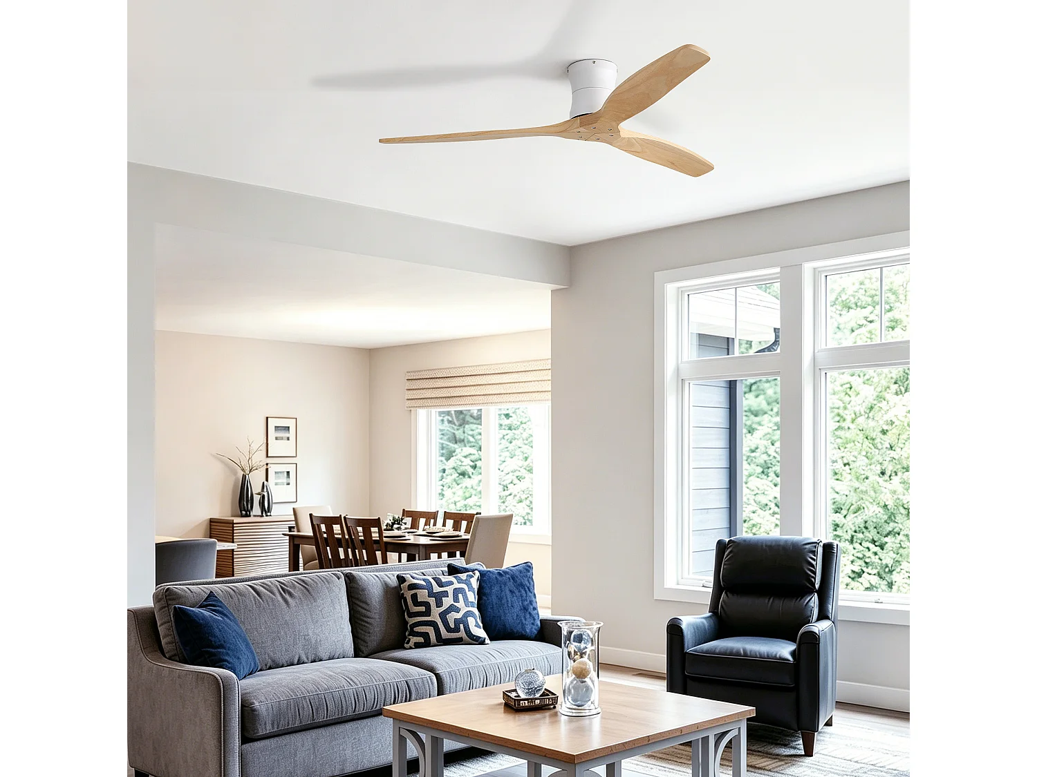 Ventilateur de plafond sans éclairage - 3 pales en bois , minuterie et 6 vitesses - Naturel clair