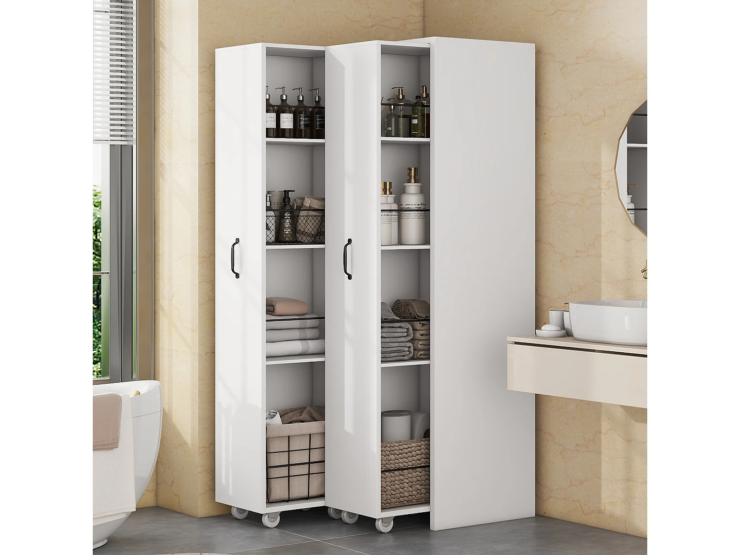 Bibliothèque extensible à roulettes en MDF avec 4 tablettes - Étagère Blanc