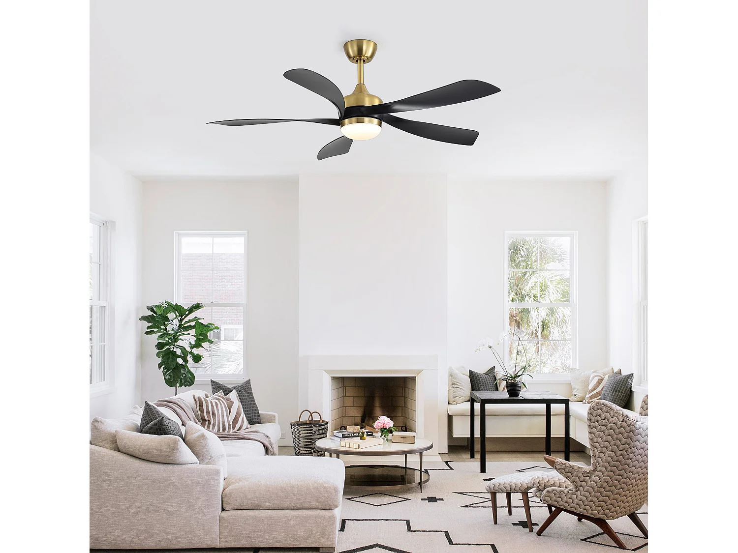 Ventilateur de plafond avec éclairage, silencieux, 5 pales en ABS - Noir et or