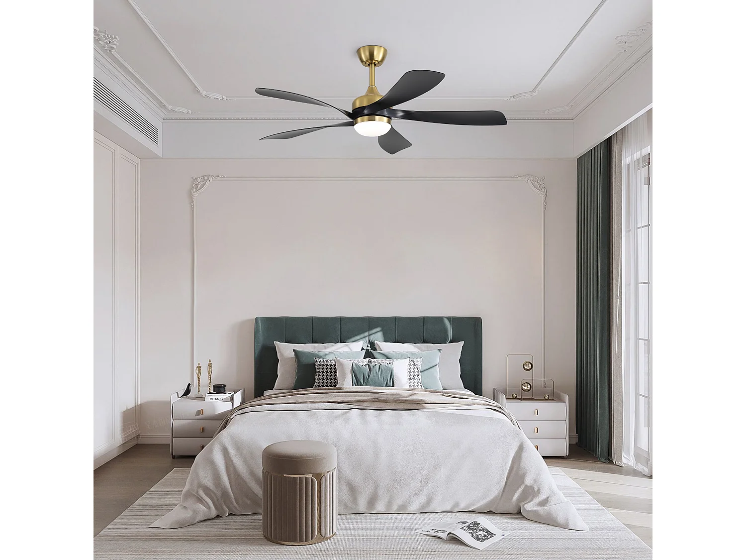 Ventilateur de plafond avec éclairage, silencieux, 5 pales en ABS - Noir et or