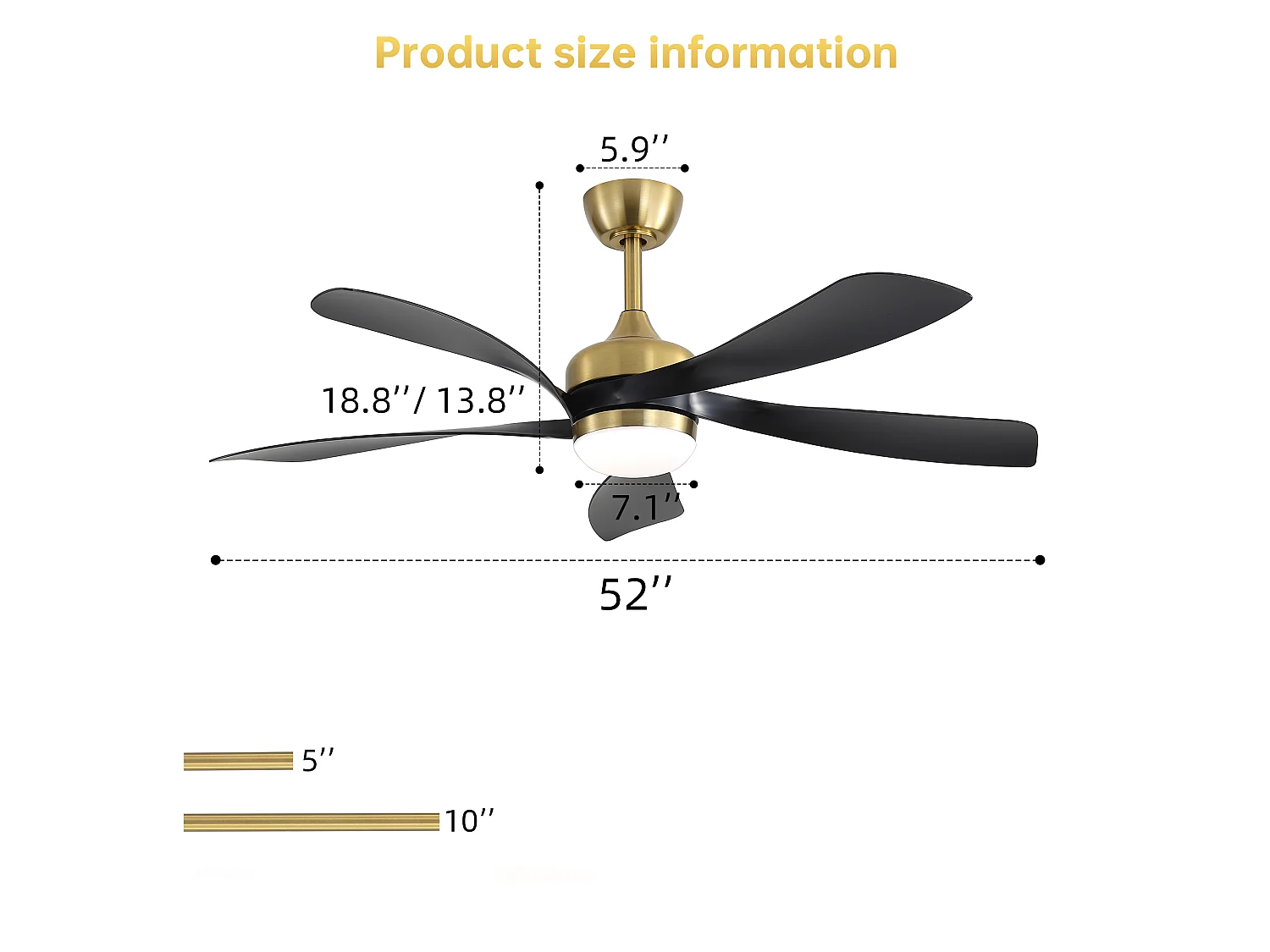 Ventilateur de plafond avec éclairage, silencieux, 5 pales en ABS - Noir et or