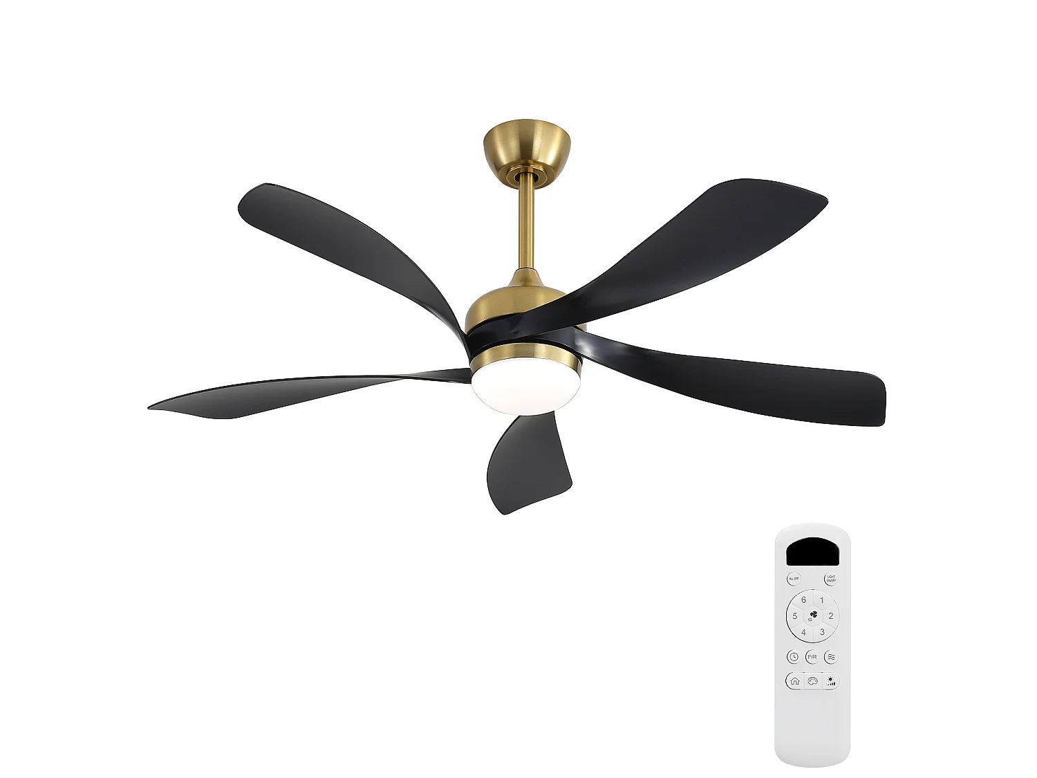 Ventilateur de plafond avec éclairage, silencieux, 5 pales en ABS - Noir et or
