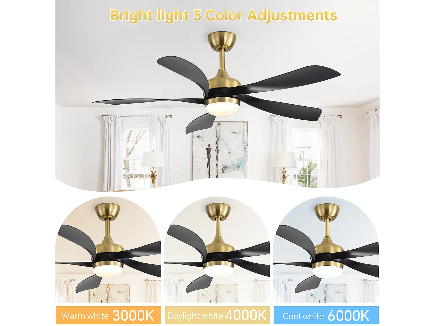 Ventilateur de plafond avec éclairage, silencieux, 5 pales en ABS - Noir et or
