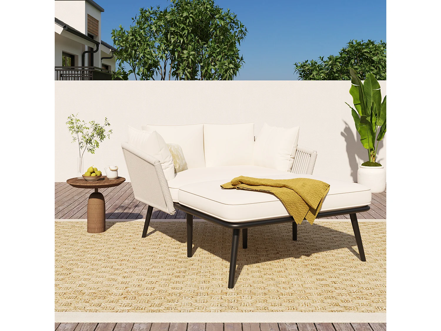 Tuinbank met 2 kussens en 2 sierkussens - Ligstoel in beige stof
