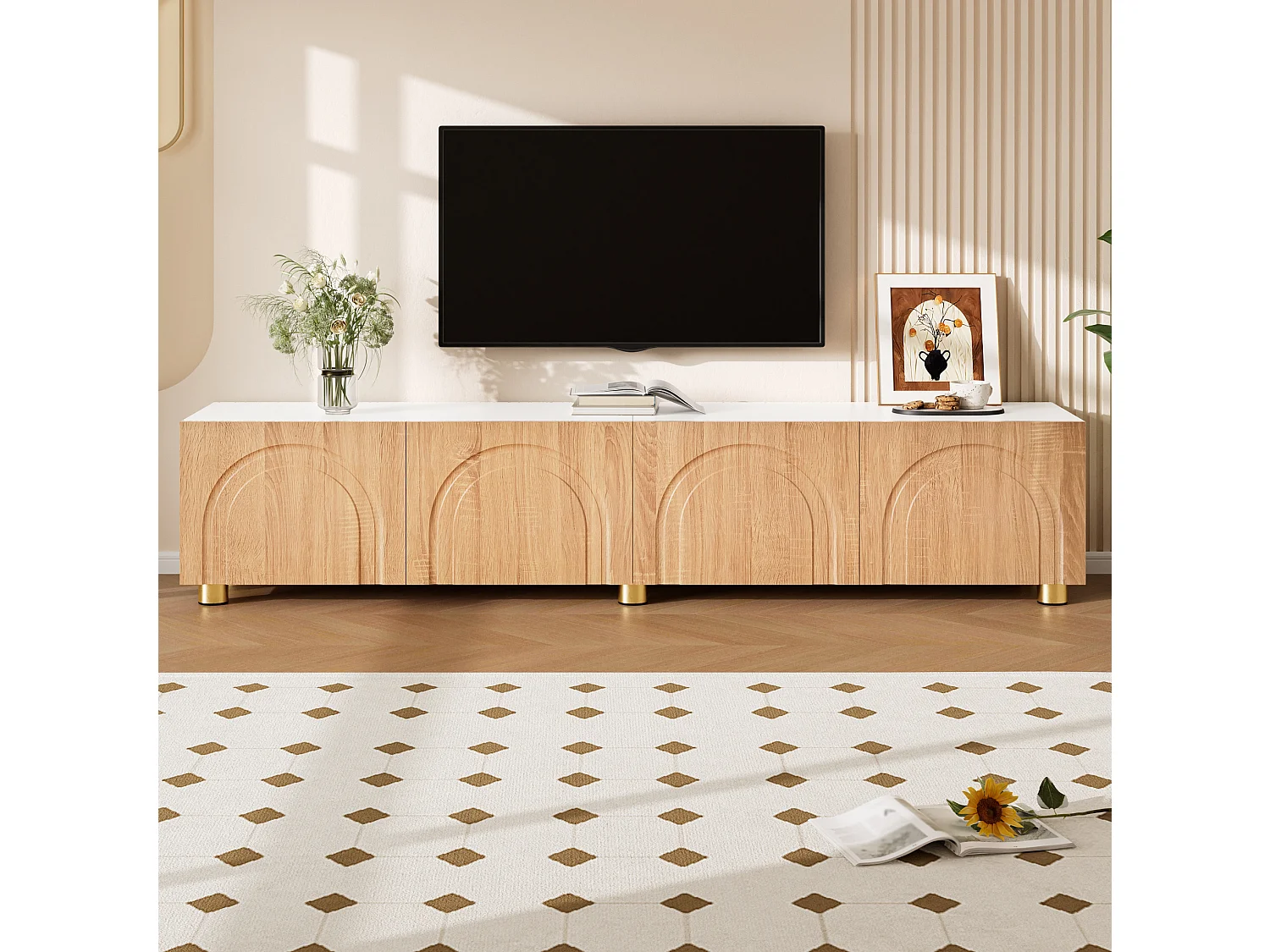 Mobile TV basso con modanature curve - 4 ante e gambe in metallo - Bianco e legno