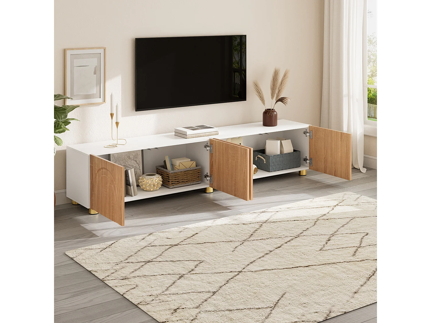 Mobile TV basso con modanature curve - 4 ante e gambe in metallo - Bianco e legno