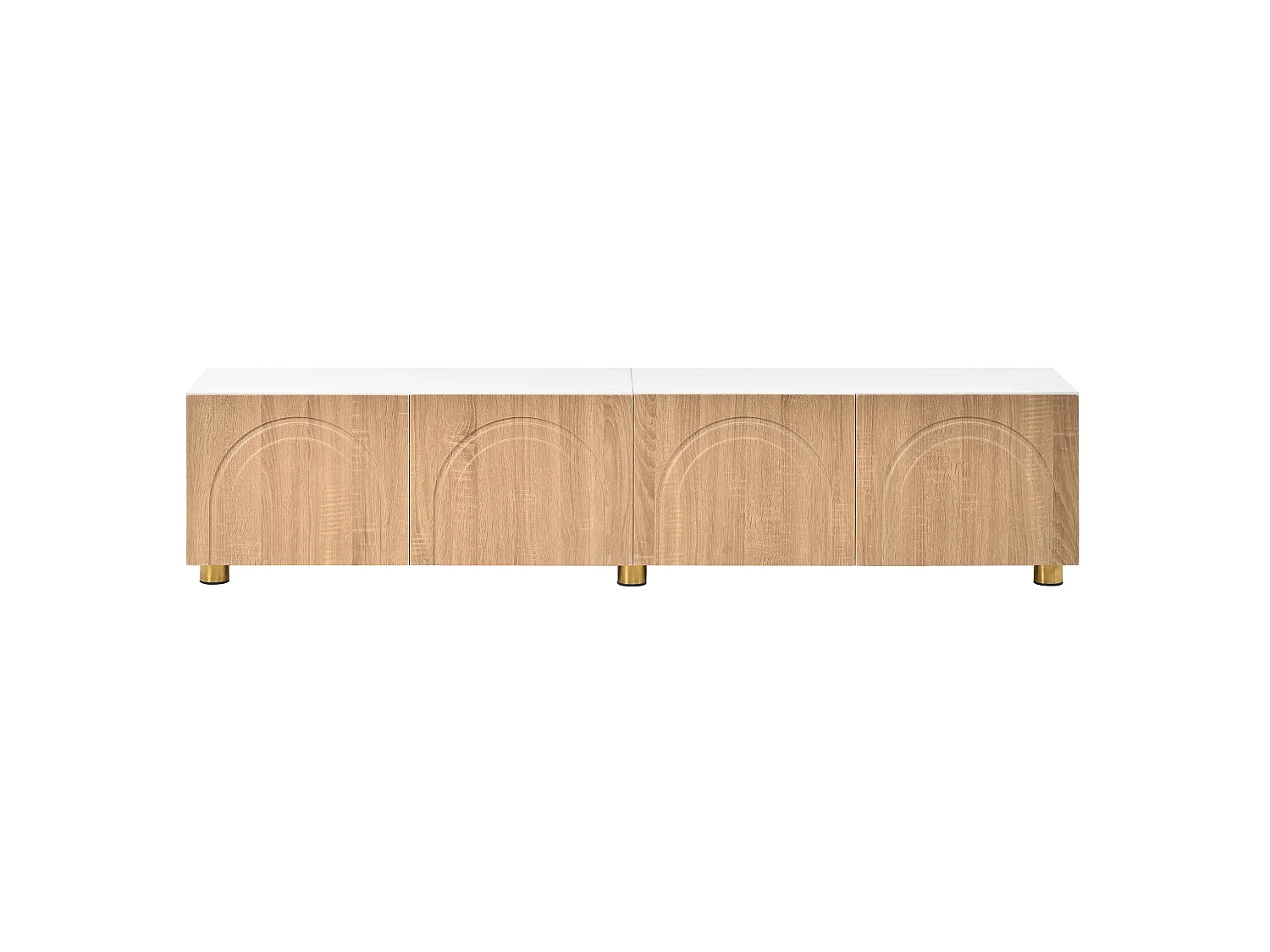 Mobile TV basso con modanature curve - 4 ante e gambe in metallo - Bianco e legno