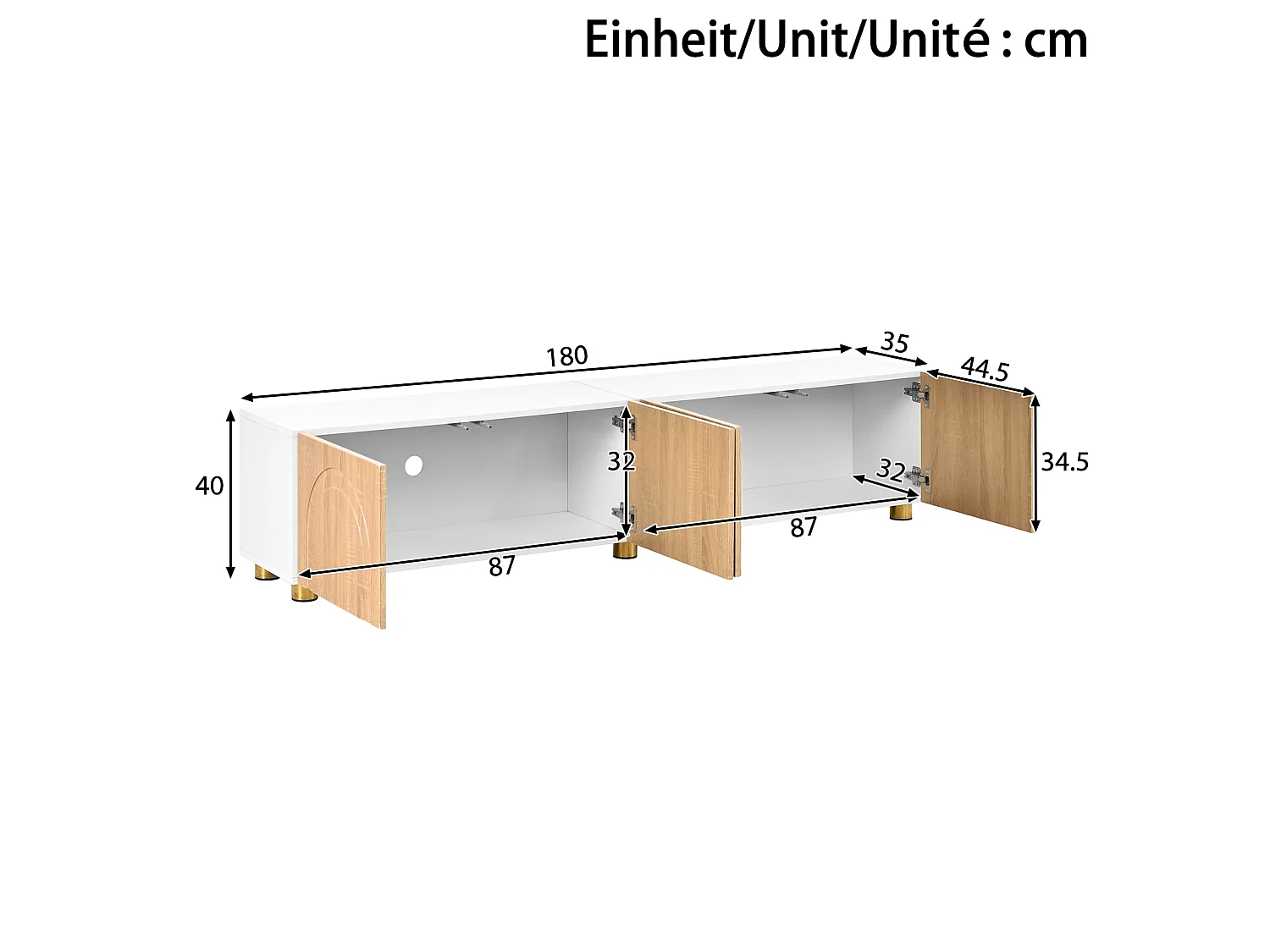 Mobile TV basso con modanature curve - 4 ante e gambe in metallo - Bianco e legno